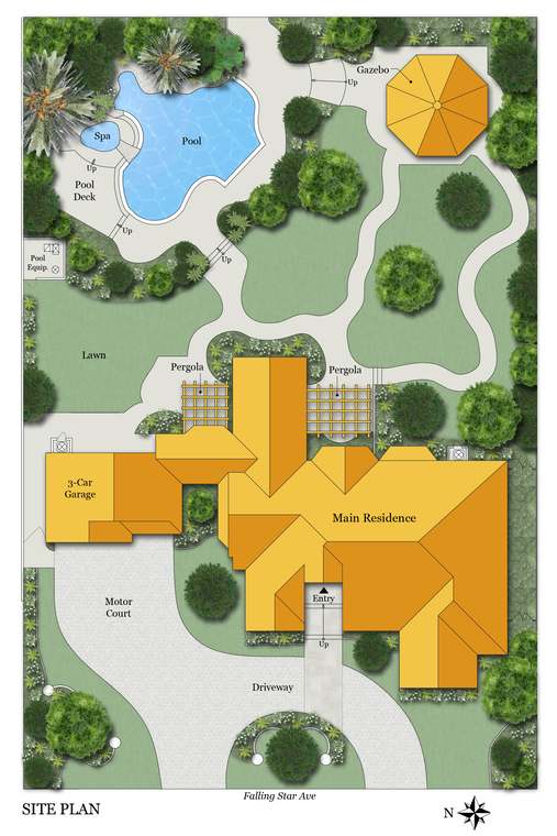 Rendered site plan of a home, its lot and grounds